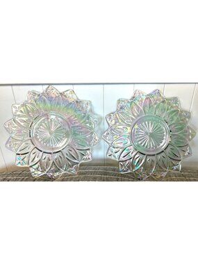 Set Of 2 Vintage Rainbow Iridescent Glass Sunflower 9-Inch Decorative Plates